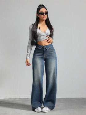 SHEIN Tall جينز النساء ذو البناطيل المستقيمة والمطاطة الرسمية باللون الأزرق، جينز منفرج للنساء الطويلات، بناطيل مقاس منخفض للنساء