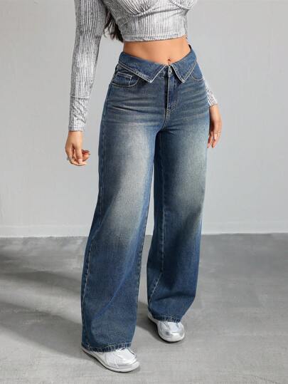 SHEIN Tall CURVE بنطلون نسائي بخصر واسع وساق مستقيمة من الجينز الأزرق، مناسب للصيف والعطلات والربيع والعمل والخروج والمهرجانات والمطار، مناسب للنساء ذوات الأحجام الكبيرة