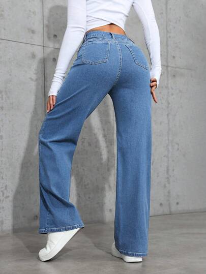 SHEIN ICON جينز بخصر عالي ذو قدم مستقيمة ذو تصميم بسيط مغسول بشكل عادي