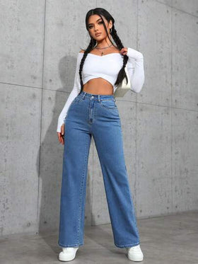 SHEIN ICON جينز بخصر عالي ذو قدم مستقيمة ذو تصميم بسيط مغسول بشكل عادي