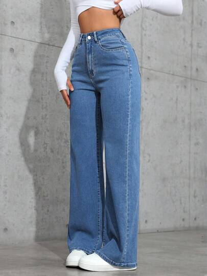 SHEIN ICON جينز بخصر عالي ذو قدم مستقيمة ذو تصميم بسيط مغسول بشكل عادي