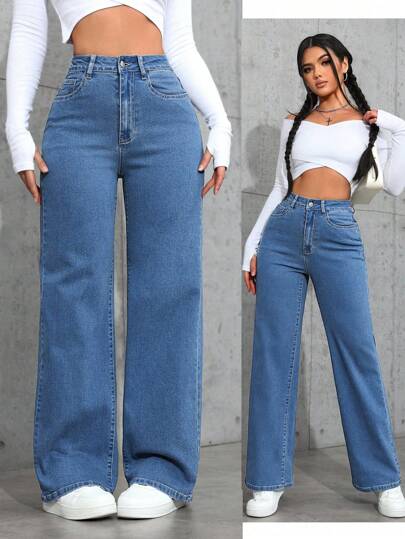 SHEIN ICON جينز بخصر عالي ذو قدم مستقيمة ذو تصميم بسيط مغسول بشكل عادي