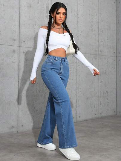SHEIN ICON جينز بخصر عالي ذو قدم مستقيمة ذو تصميم بسيط مغسول بشكل عادي