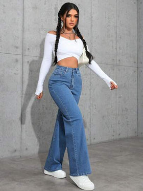 SHEIN ICON جينز بخصر عالي ذو قدم مستقيمة ذو تصميم بسيط مغسول بشكل عادي