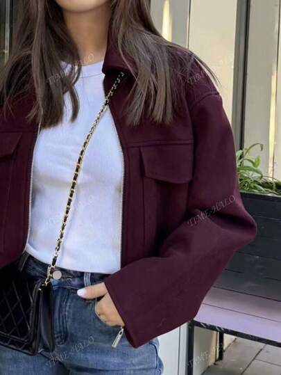 معطف صوفي زيبر كبير الجيب متعدد الاستخدامات، كاجوال وعصري، لون واحد، ملائم للتنقلات اليومية، للنساء