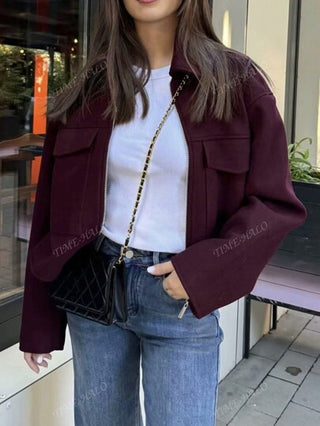 معطف صوفي زيبر كبير الجيب متعدد الاستخدامات، كاجوال وعصري، لون واحد، ملائم للتنقلات اليومية، للنساء