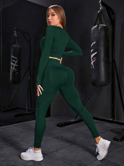 SHEIN Sport Gameset طقم ملابس رياضية للنساء متناسق من ملابس علوية كم طويل وبنطلون طويل أحادي اللون، بدلة رياضية مثالية للصالة الرياضية، مجموعة بنطلون وملابس رياضية للنساء