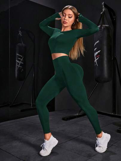 SHEIN Sport Gameset طقم ملابس رياضية للنساء متناسق من ملابس علوية كم طويل وبنطلون طويل أحادي اللون، بدلة رياضية مثالية للصالة الرياضية، مجموعة بنطلون وملابس رياضية للنساء