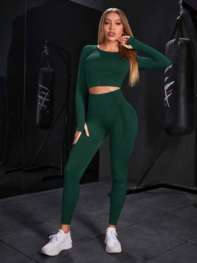 SHEIN Sport Gameset طقم ملابس رياضية للنساء متناسق من ملابس علوية كم طويل وبنطلون طويل أحادي اللون، بدلة رياضية مثالية للصالة الرياضية، مجموعة بنطلون وملابس رياضية للنساء