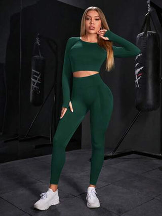 SHEIN Sport Gameset طقم ملابس رياضية للنساء متناسق من ملابس علوية كم طويل وبنطلون طويل أحادي اللون، بدلة رياضية مثالية للصالة الرياضية، مجموعة بنطلون وملابس رياضية للنساء