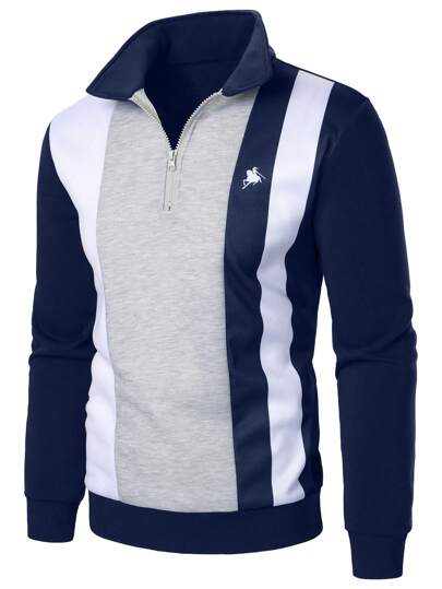 Manfinity Bizformal قميص ثقيل كنزة رجالي كلاسيكي ذو لون أزرق أبيض رمادي محتوي على ألوان مختلفة، نصف سحاب للاستخدام اليومي، كنزة طويلة الأكمام ثلاثي الأرباع للخروج في فصل الخريف، هدية للأصدقاء والأزواج والأحباء