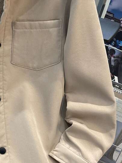 SHEIN معطف جاكيت فتيان مراهقين كوري كاجوال جميل مزود بجيب على الصدر مبطن بفرو دافئ, معمول بخامة منسوجة