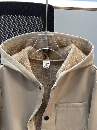 SHEIN معطف جاكيت فتيان مراهقين كوري كاجوال جميل مزود بجيب على الصدر مبطن بفرو دافئ, معمول بخامة منسوجة