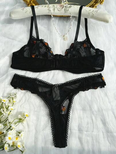 SHEIN مجموعة ملابس داخلية نسائية مطرزة بالزهور والشبك، أنيقة وجذابة، قطعتان
