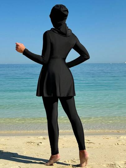 Swim Shayni مجموعة بيكيني متواضعة بكاميصة وتنورة طويلة مربوطة بسير، بنطلون طويل أسود لملابس الصيف العربية