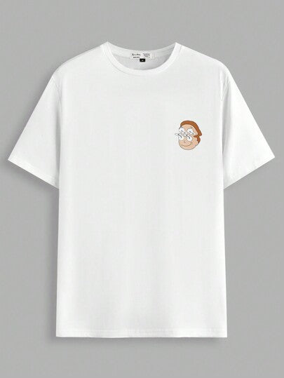 Rick and Morty X SHEIN تي شيرت قصير الأكمام أبيض مطبوع عليه طبعات كرتونية عصرية للرجال ،صيفي