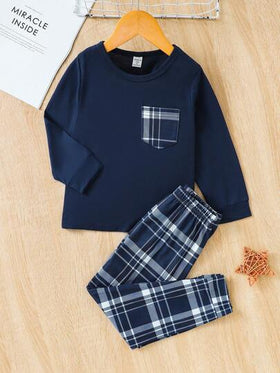 SHEIN Vintaside Kids طقم قميص وبنطال مربعات بأكمام طويلة للشباب الكاجوال، موسم الخريف 2 قطعة