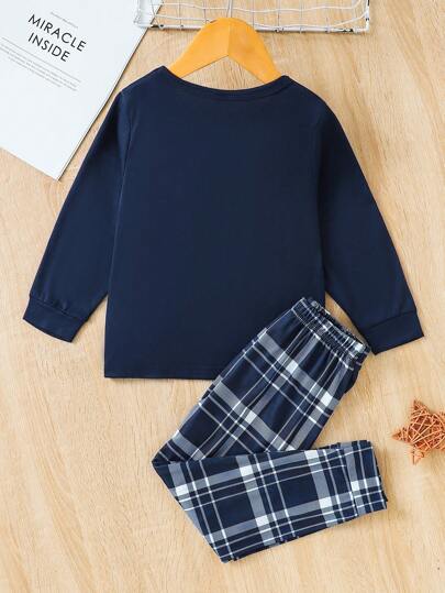 SHEIN Vintaside Kids طقم قميص وبنطال مربعات بأكمام طويلة للشباب الكاجوال، موسم الخريف 2 قطعة