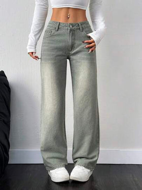 SHEIN Tall بنطلون جينز نسائي واسع الساقين بجيوب، فضفاض، عملي، متعدد الاستخدامات