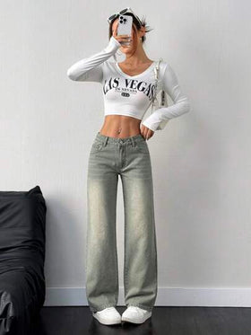 SHEIN Tall بنطلون جينز نسائي واسع الساقين بجيوب، فضفاض، عملي، متعدد الاستخدامات