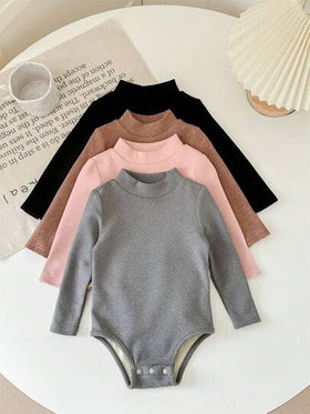 SHEIN LMoss Kids مجموعة من 4 قطع لطفلة رضيعة من LMoss، بدلة جسم كنزة صوف بياقة مرتفعة بأكمام طويلة بلون أحادي، مناسبة للخريف والشتاء