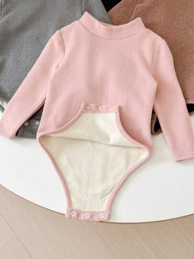 SHEIN LMoss Kids مجموعة من 4 قطع لطفلة رضيعة من LMoss، بدلة جسم كنزة صوف بياقة مرتفعة بأكمام طويلة بلون أحادي، مناسبة للخريف والشتاء