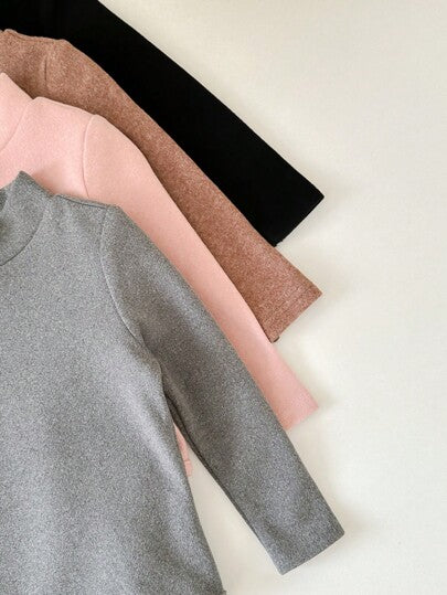 SHEIN LMoss Kids مجموعة من 4 قطع لطفلة رضيعة من LMoss، بدلة جسم كنزة صوف بياقة مرتفعة بأكمام طويلة بلون أحادي، مناسبة للخريف والشتاء