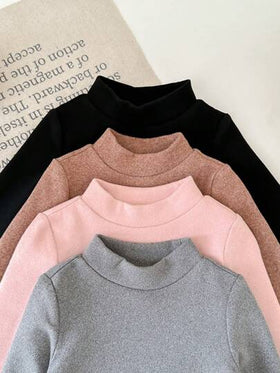 SHEIN LMoss Kids مجموعة من 4 قطع لطفلة رضيعة من LMoss، بدلة جسم كنزة صوف بياقة مرتفعة بأكمام طويلة بلون أحادي، مناسبة للخريف والشتاء