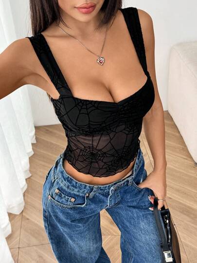 EZwear خزان أكمام بلا أكمام من شبكة العنكبوت مناسب للهالوين للنساء