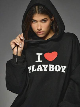 MISSGUIDED Missguided x Playboy بلوفر بطبعة شعار "أنا أحب" أنيق مقاس كبير، بأكمام طويلة، للشتاء والخريف، هدية مناسبة، مع سحاب وطراز أرنب، بنطلون ضيق مواكب للموضة الشارع