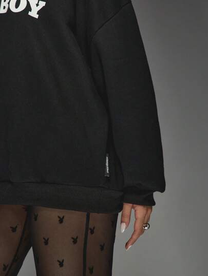 MISSGUIDED Missguided x Playboy بلوفر بطبعة شعار "أنا أحب" أنيق مقاس كبير، بأكمام طويلة، للشتاء والخريف، هدية مناسبة، مع سحاب وطراز أرنب، بنطلون ضيق مواكب للموضة الشارع