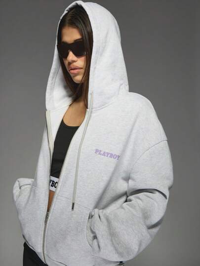 MISSGUIDED Missguided x Playboy هوديي مطبوع بطباعة مجلة عتيقة كبير الحجم، ملابس رياضية شتوية كاجوال ومريحة، إيثيريال Y2K موضة شبابية حضرية