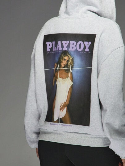 MISSGUIDED Missguided x Playboy هوديي مطبوع بطباعة مجلة عتيقة كبير الحجم، ملابس رياضية شتوية كاجوال ومريحة، إيثيريال Y2K موضة شبابية حضرية