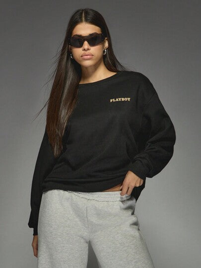 MISSGUIDED Missguided x Playboy بلوزة رياضية طباعة شعار أرنب ترفيهي من المجلة الفاخرة، طاقم كلاسيكي ياقة طويلة الأكمام لموسم الخريف والشتاء، أسلوب الشارع العصري، ملابس منزلية عصرية