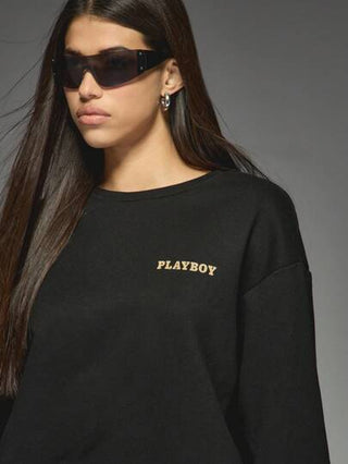 MISSGUIDED Missguided x Playboy بلوزة رياضية طباعة شعار أرنب ترفيهي من المجلة الفاخرة، طاقم كلاسيكي ياقة طويلة الأكمام لموسم الخريف والشتاء، أسلوب الشارع العصري، ملابس منزلية عصرية