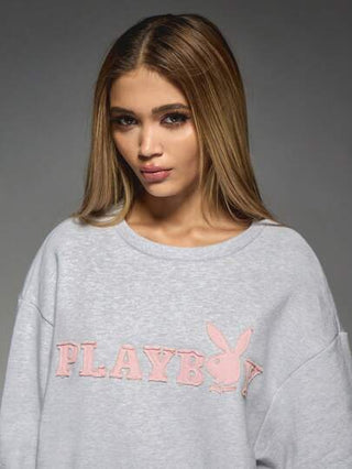 MISSGUIDED Missguided x Playboy قميص ثقيل رياضي من القطن باري الفرنسي مريح مطرز بشعار مفضل، بقصة واسعة للاسترخاء في فصلي الخريف والشتاء، ملابس خارجية رياضية كاجوال بأكمام طويلة