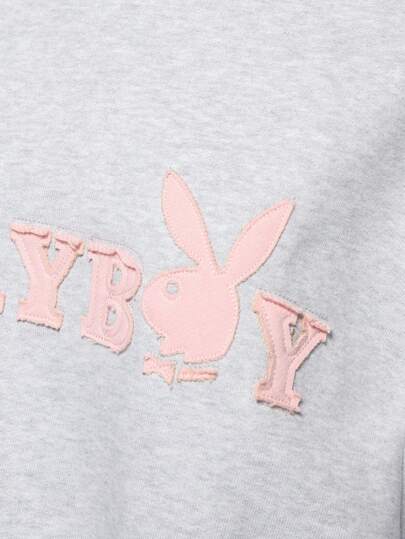 MISSGUIDED Missguided x Playboy قميص ثقيل رياضي من القطن باري الفرنسي مريح مطرز بشعار مفضل، بقصة واسعة للاسترخاء في فصلي الخريف والشتاء، ملابس خارجية رياضية كاجوال بأكمام طويلة