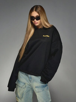 MISSGUIDED Missguided x Playboy بلوزة رياضية قطنية كاجوال فضفاضة مريحة طويلة الأكمام بطبعة غلاف مجلة أمامي وخلفي لموضة الشتاء والخريف، طراز ريترو عصري، بلوفر