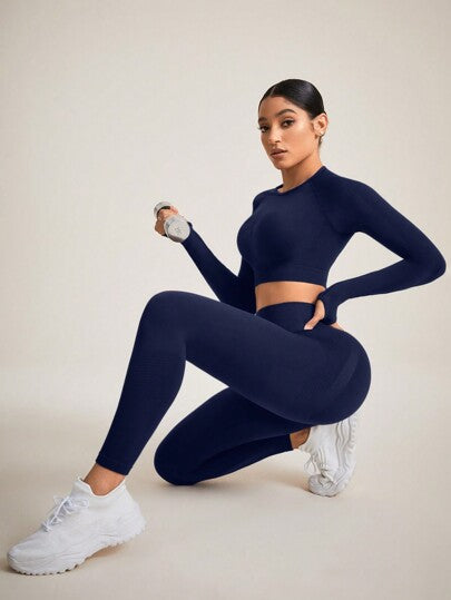 SHEIN Sport Studio مجموعة ملابس رياضية للنساء من لون واحد ، ظهر مفتوح ، دون غرز ، مجموعة ملابس رياضية ، مجموعة تمارين ،مجموعة ليغينز للنساء
