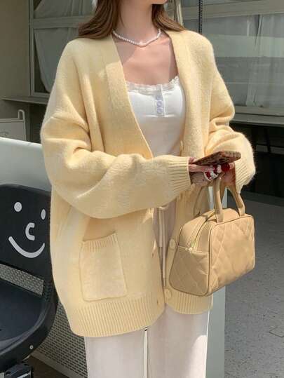 DAZY كارديجان نسائي بأكمام طويلة وجيبين، بتصميم فضفاض وبياقة منسدلة، من القماش المحبوك، مناسب للخريف والشتاء