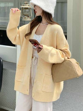DAZY كارديجان نسائي بأكمام طويلة وجيبين، بتصميم فضفاض وبياقة منسدلة، من القماش المحبوك، مناسب للخريف والشتاء
