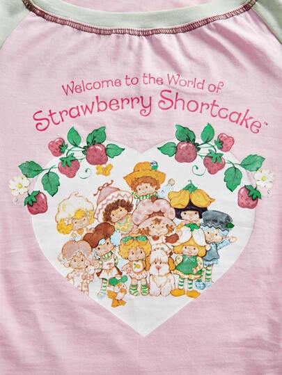 Strawberry Shortcake | ROMWE تي شيرت تي شيرت نسائي مناسب للصيف ،كاجوال، كرتوني جميل، بشعارات مطبوعة وأكمام رجلان مع خياطة متباينة