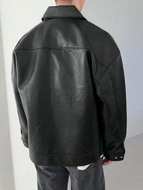 DAZY 1 قطعة جاكيت جلدية سوداء بسيطة للرجال للخريف، غرانج