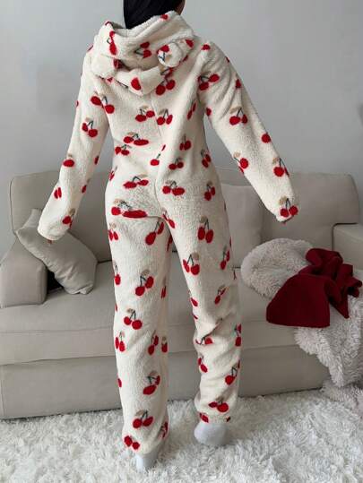 EZwear جمبسوت نسائية مزخرفة برسم كرز فرّاء جذاب، مناسبة للاستخدام المنزلي