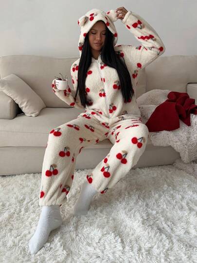 EZwear جمبسوت نسائية مزخرفة برسم كرز فرّاء جذاب، مناسبة للاستخدام المنزلي