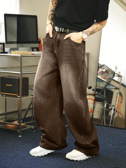 Manfinity Denimwave بنطلون جينز بقصة فضفاضة وتصميم مرتخي بلون بني داكن بطراز رجعي Y2K