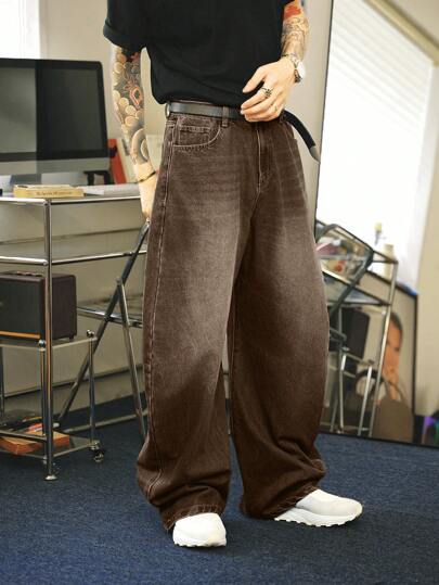 Manfinity Denimwave بنطلون جينز بقصة فضفاضة وتصميم مرتخي بلون بني داكن بطراز رجعي Y2K