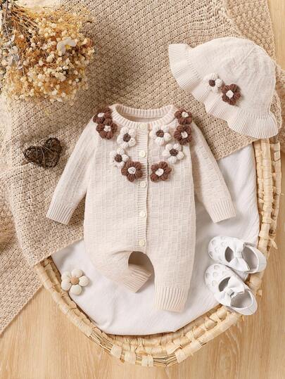 SHEIN Vintaside Kids طقم رومبير قطيفة وقبعة بتصميم زهري ثلاثي الأبعاد جذاب وعملي للبنات الرضع، ملابس شتوية