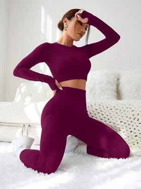Slayform طقم رياضي للسيدات مكون من سروال مضلع وكروب توب ذات لون متماسك ومطاطية عالية المرونة، مناسب للياقة البدنية وممارسة الرياضة في السنة الصينية الجديدة، مجموعة سروال وطقم للسيدات