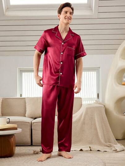 SHEIN مجموعة بيجامة 2 قطعة ملابس علوية قصير الأكمام بياقة بولو بسيطة وبنطال طويل للرجال